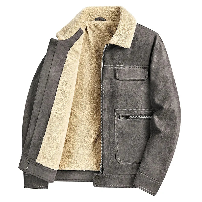 Men's slim fit faux suede trucker jacket with plush lining and classic silver hardware
