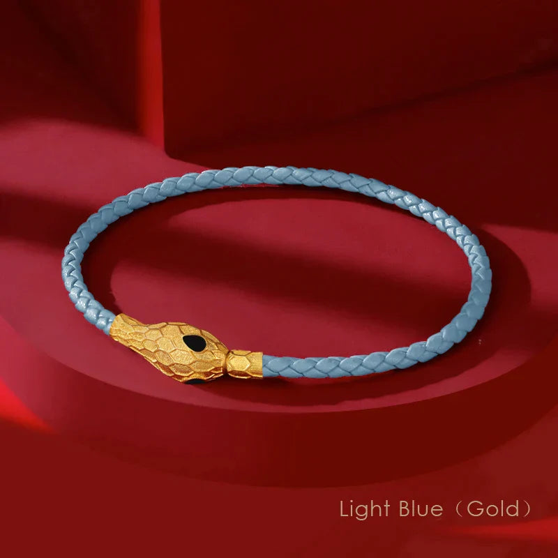 Bold handwoven leather bracelet with gold serpent clasp, unisex braided design by Urbann-Vibe