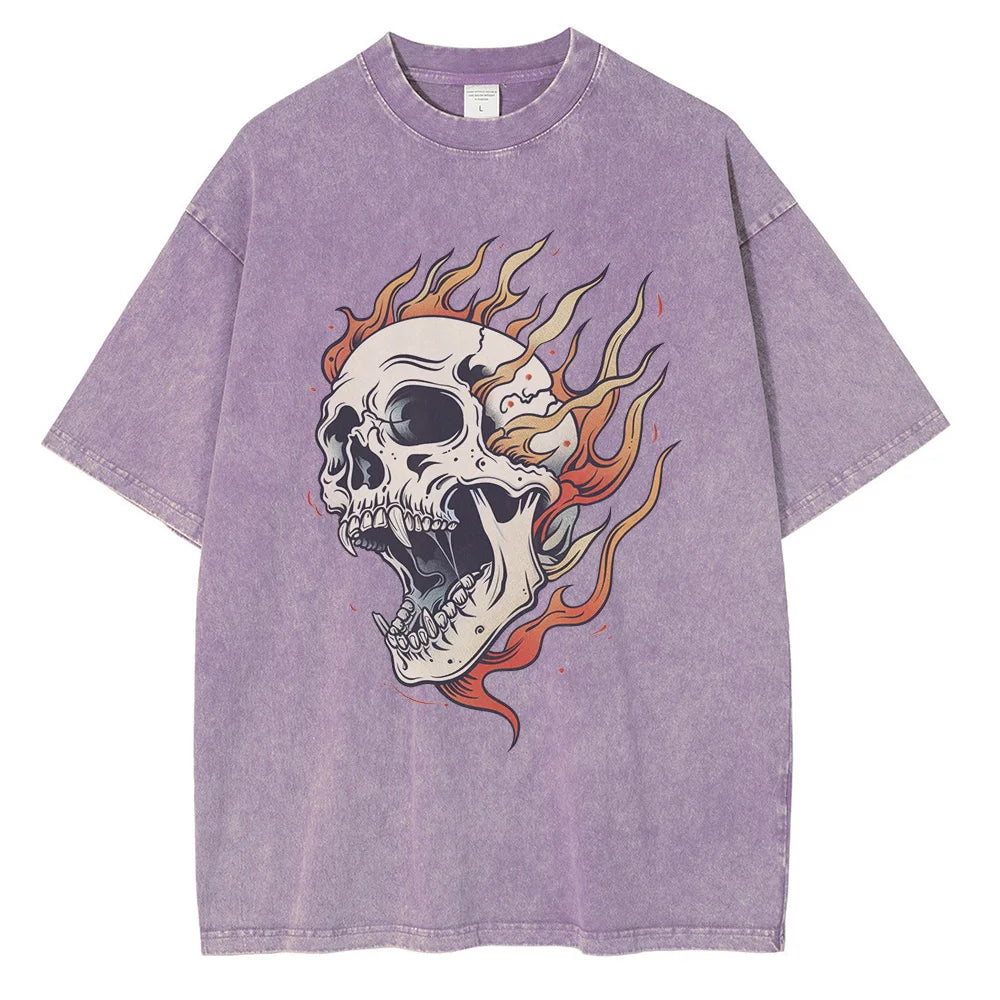 Black oversized heavyweight cotton graphic tee distressed acid wash vintage American traditional flame beast print