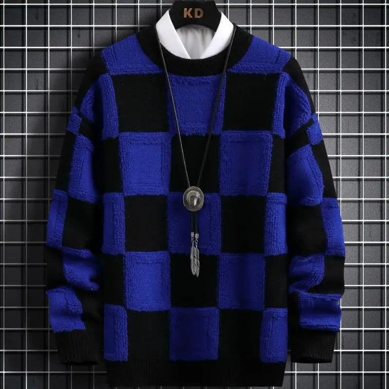 Unisex retro checkerboard knit sweater chunky thick texture cozy casual everyday crewneck pullover