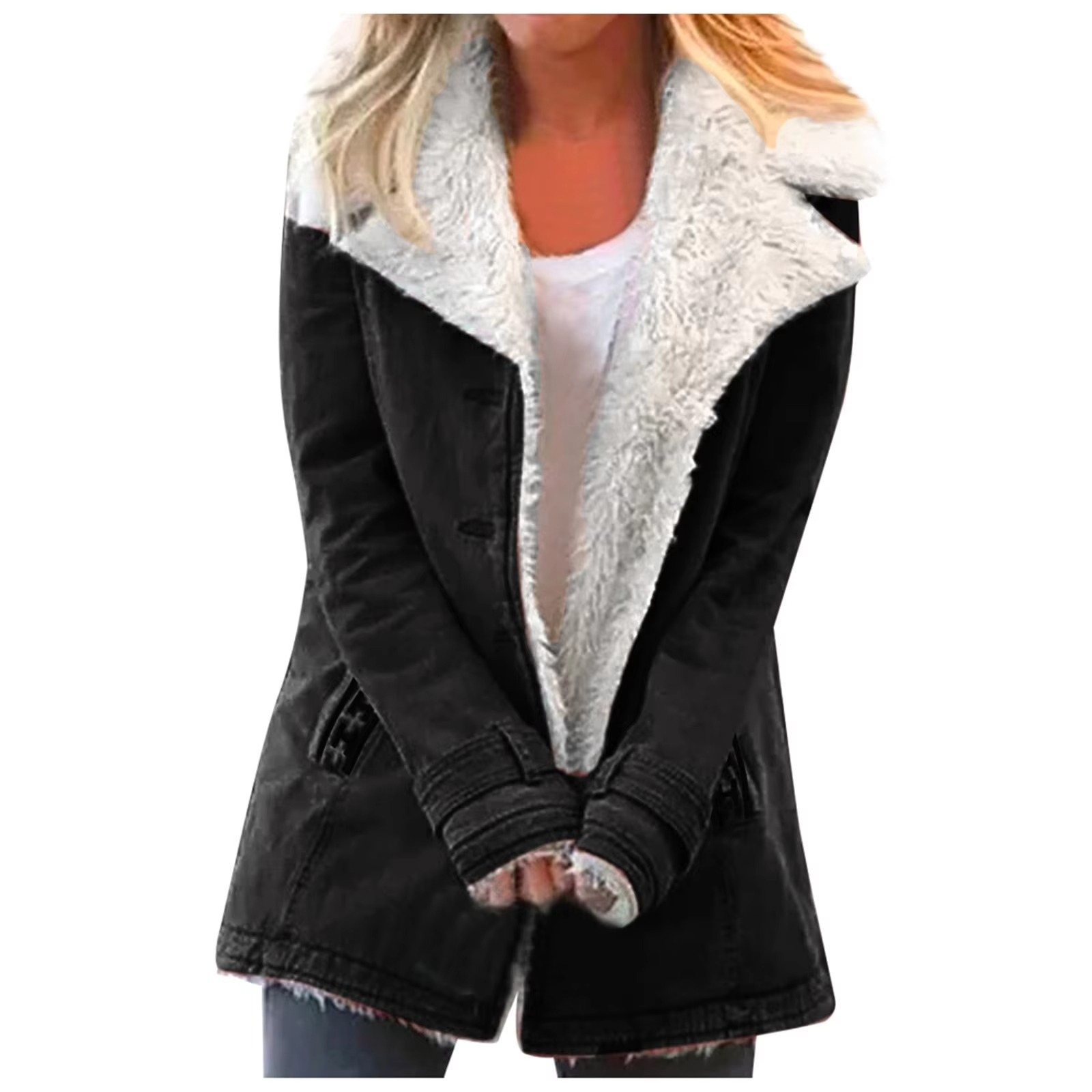 Women plus size fleece button jacket with collar and pockets, cozy everyday style