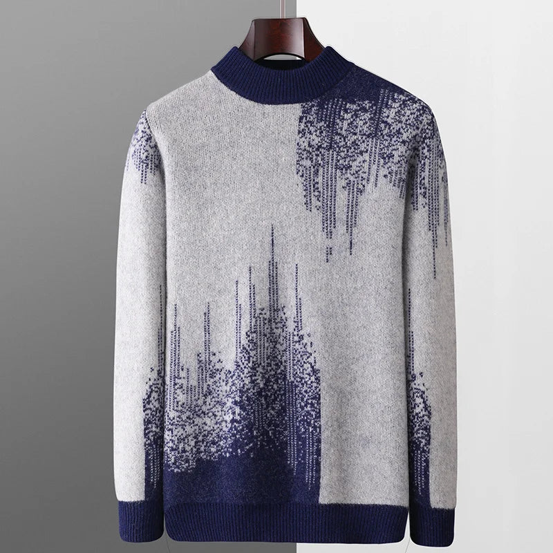 Modern abstract knit sweater with ribbed high neckline, subtle gradient pattern, slim silhouette