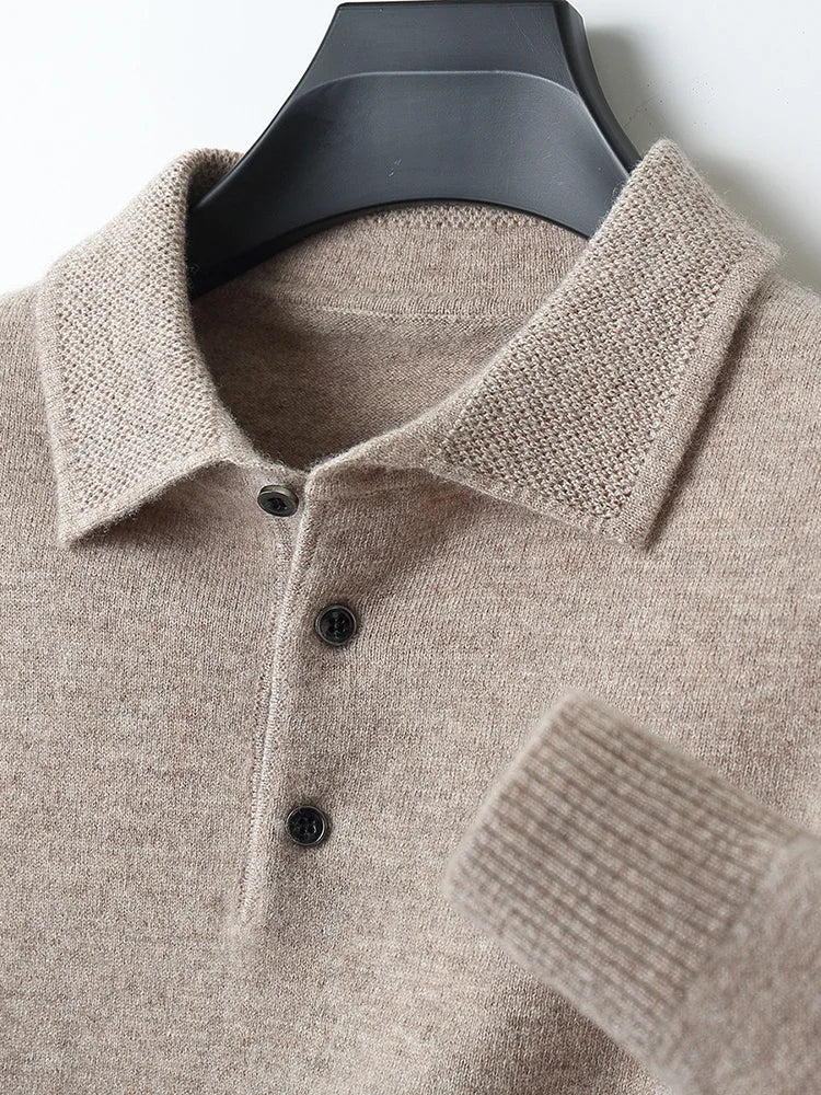 Men's navy merino wool long-sleeve polo shirt with tieless collar and ribbed cuffs