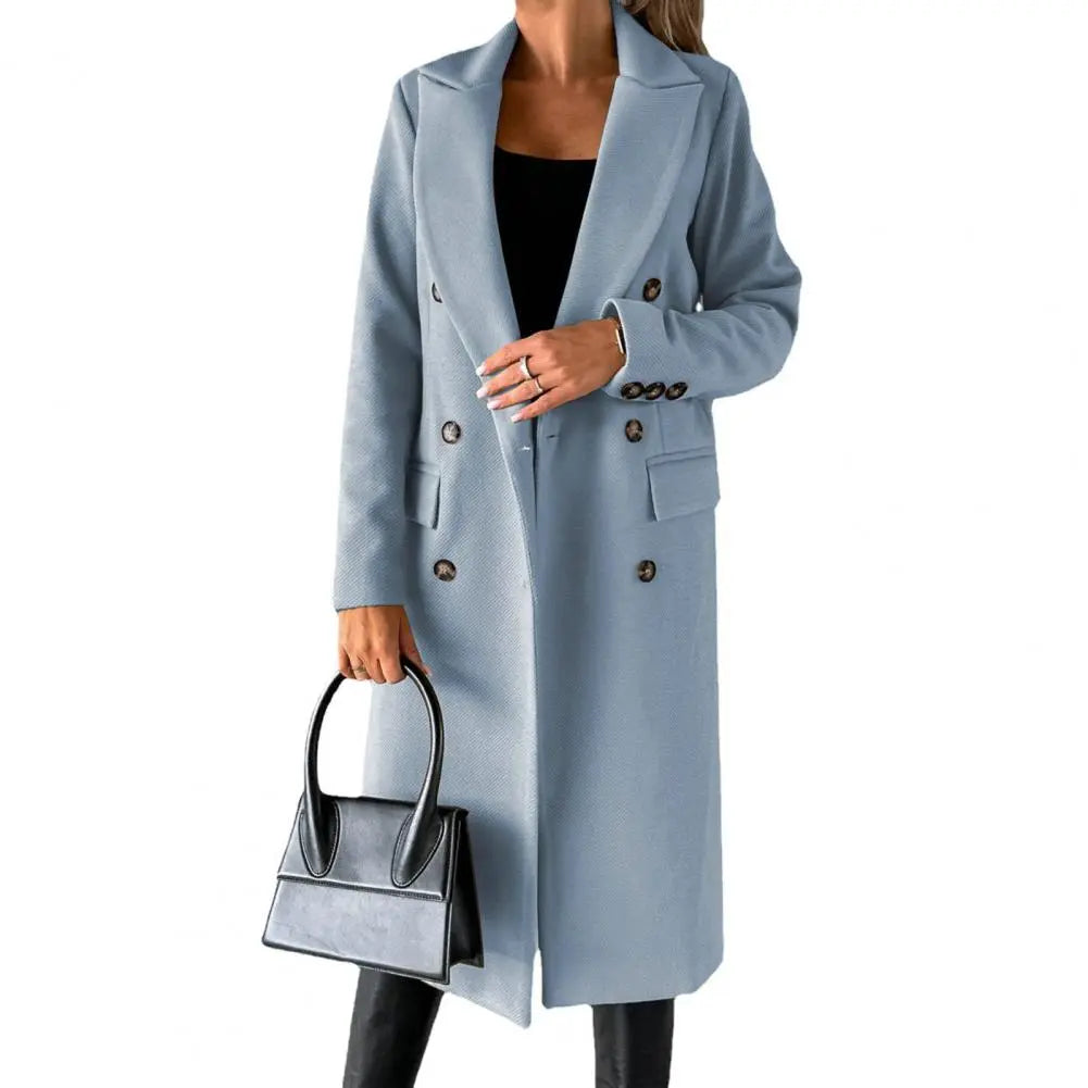 Women's double-breasted winter trench coat with structured lapels, polished classic silhouette