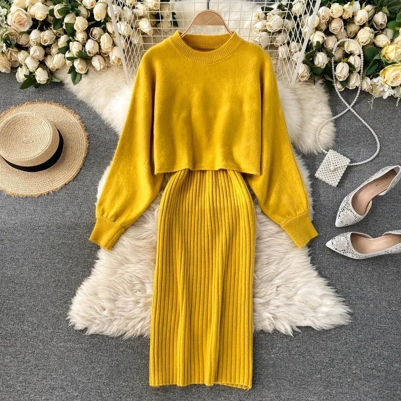 Women's cozy knitted dress and sweater set in neutral tones with batwing sleeves for all occasions