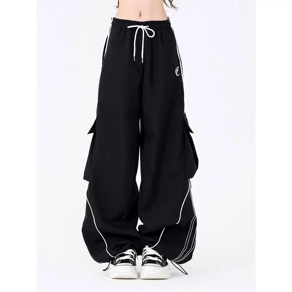 Unisex wide-leg cargo track pants drawstring waist breathable cotton blend street-style comfort fit