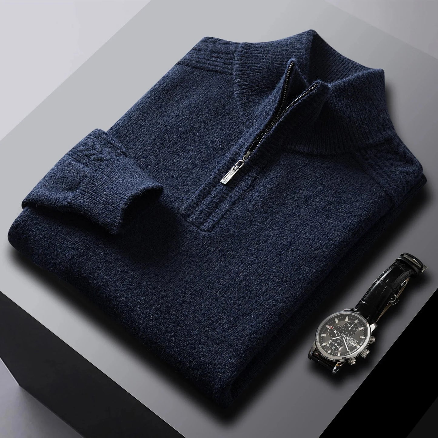 Men's cream cable knit quarter-zip wool sweater with textured multi-dimensional knit pattern