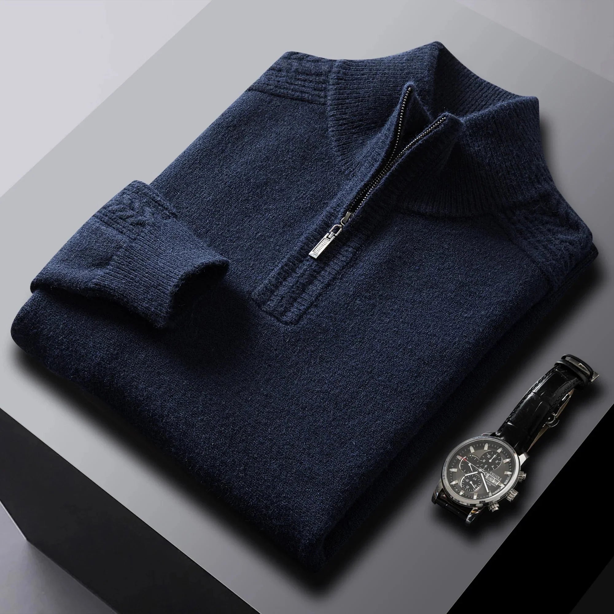 Men's cream cable knit quarter-zip wool sweater with textured multi-dimensional knit pattern