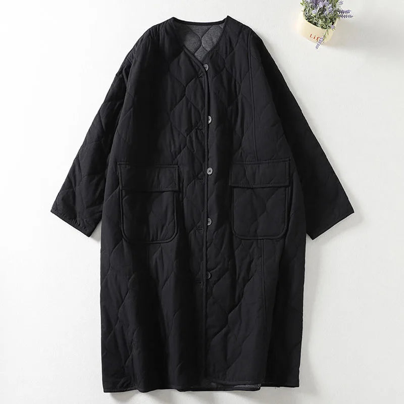 Women's black quilted longline oversized coat collarless V-neck relaxed fit chic layering essential