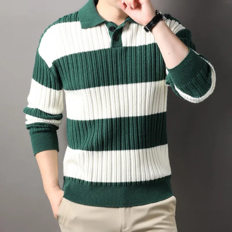 Men's striped ribbed knit polo sweater midweight structured collar smart-casual layering piece