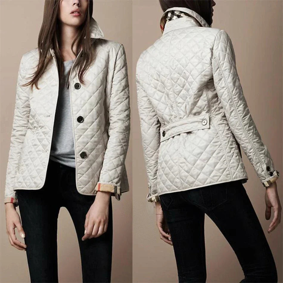 Women's slim fit quilted cotton jacket diamond pattern classic button closure elegant fall winter