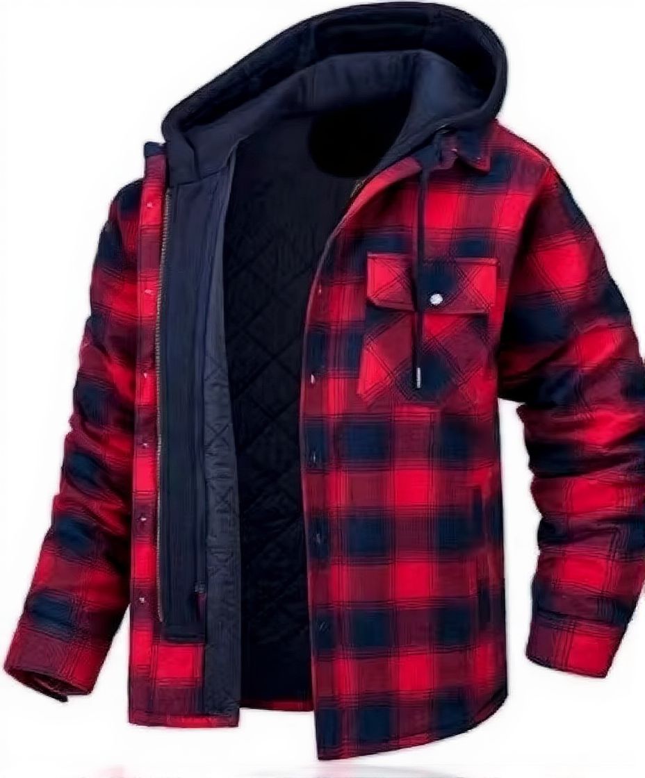 Men's thick insulated plaid hooded winter jacket with quilted lining for cold weather outdoor wear