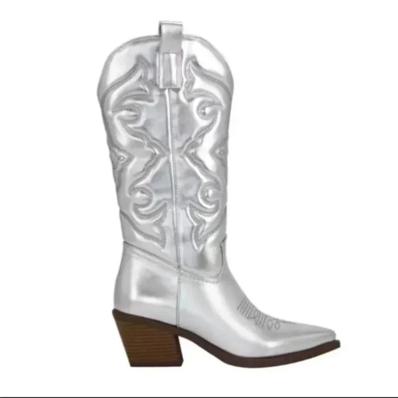 Women's brown leather knee-high boots with block heels and elegant Western-inspired stitching details