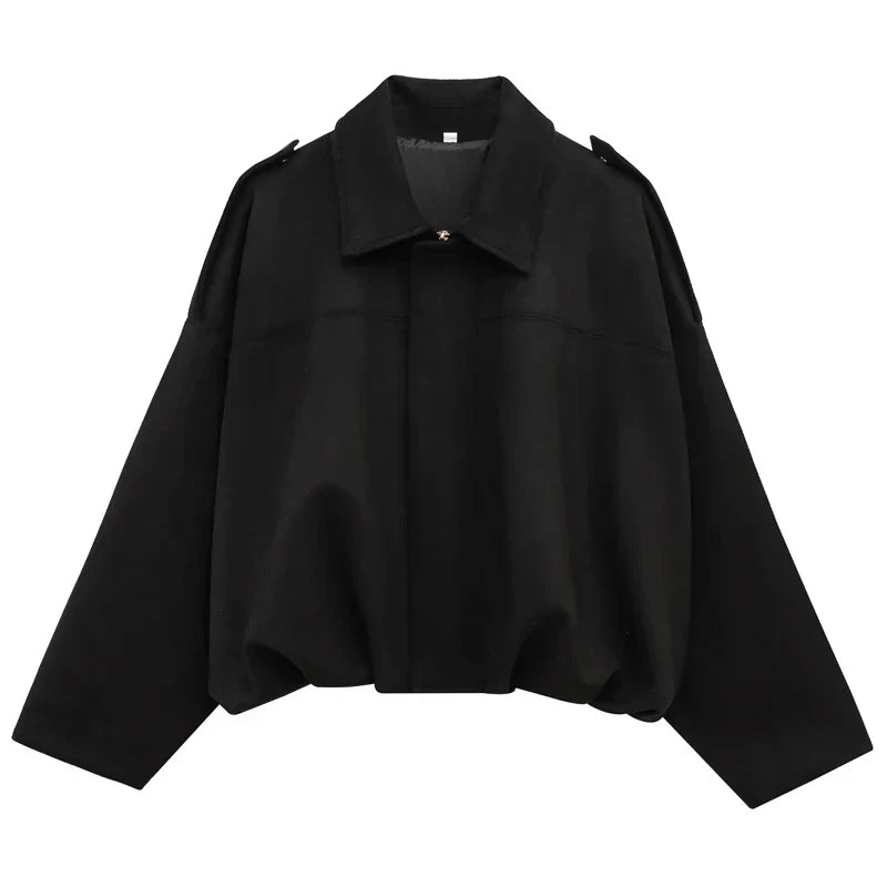 Women's cropped bomber jacket black lapel collar zip-front streetwear layering essential