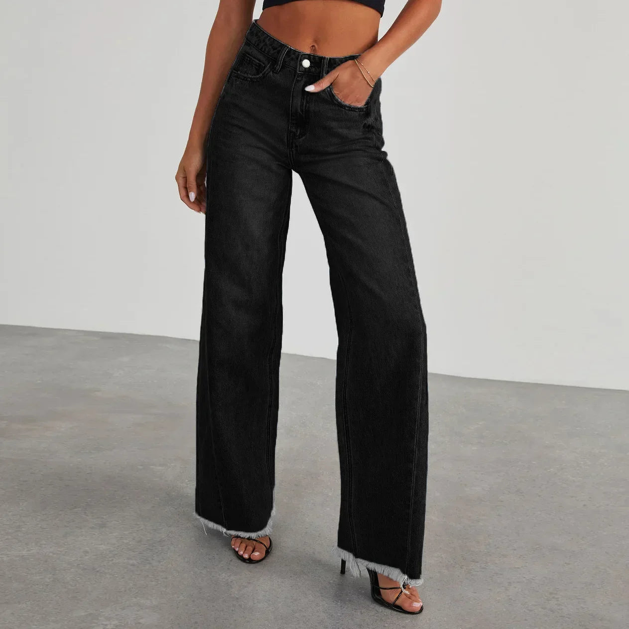 Women's Madison wide leg high-rise jeans soft-wash denim with frayed hem relaxed silhouette