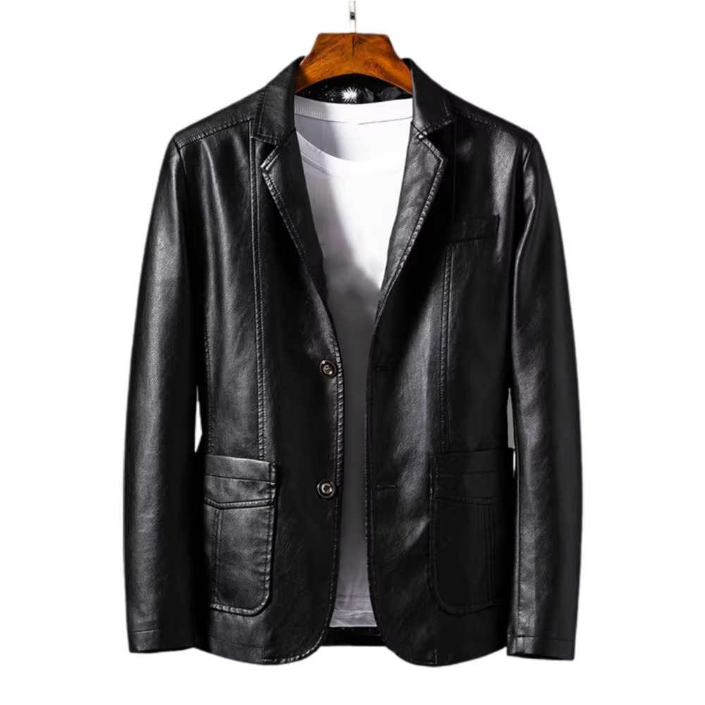 Men's vintage brown PU leather motorcycle jacket with classic biker cut and button pocket detail
