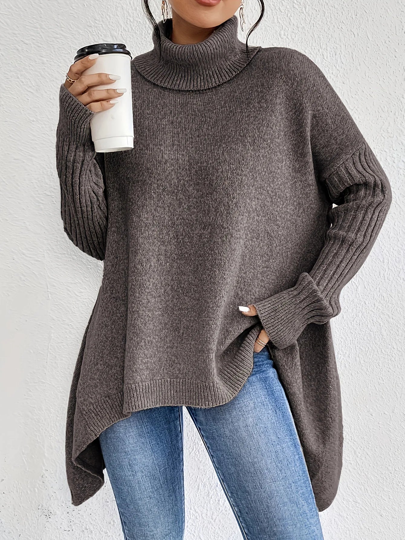 Ella women's ivory cashmere turtleneck sweater relaxed oversized fit ultra-soft cozy winter knit