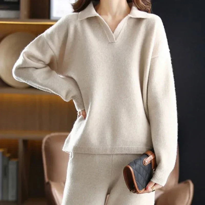 Women's soft knit two-piece lounge set with elegant collar, relaxed fit, effortless casual comfort