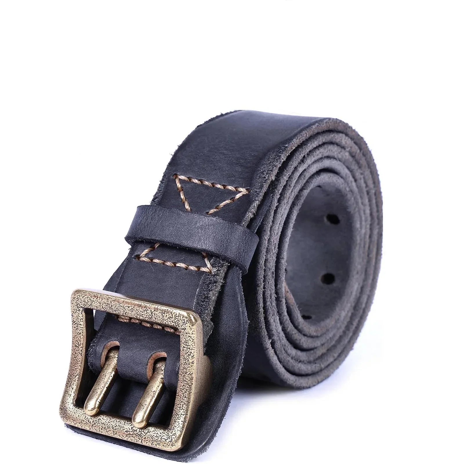Men's full-grain Italian leather belt brown with solid copper double-prong buckle handcrafted edges