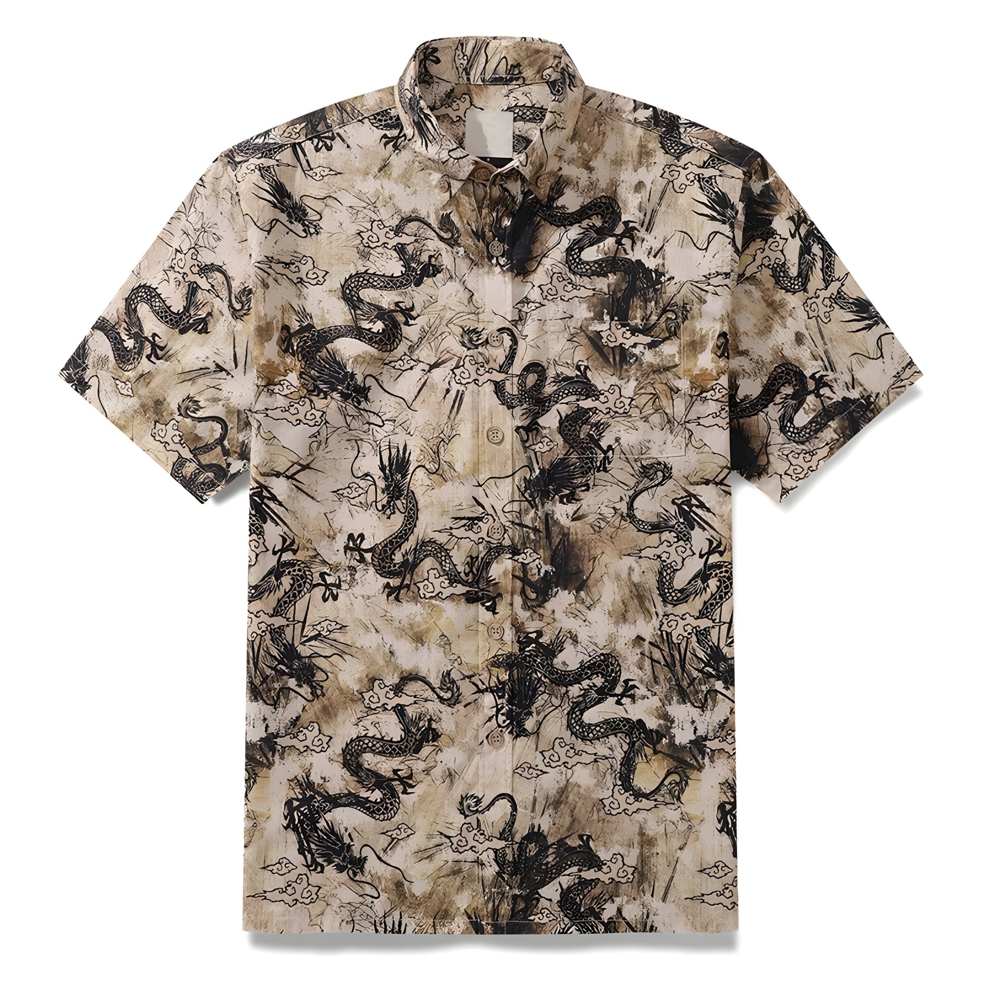 Men's oriental dragon print cotton shirt relaxed fit with turn-down collar breathable canvas fabric