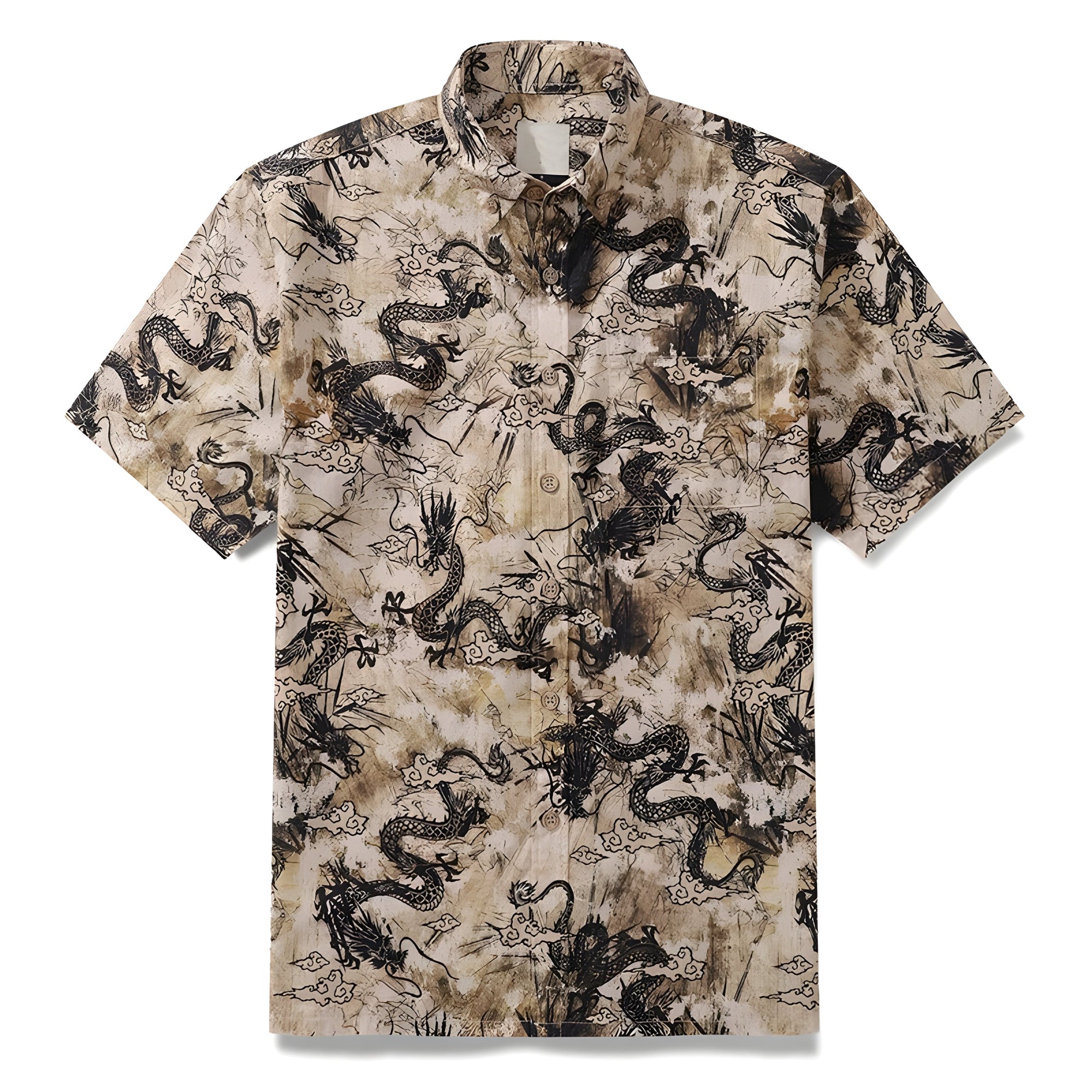 Men's oriental dragon print cotton shirt relaxed fit with turn-down collar breathable canvas fabric