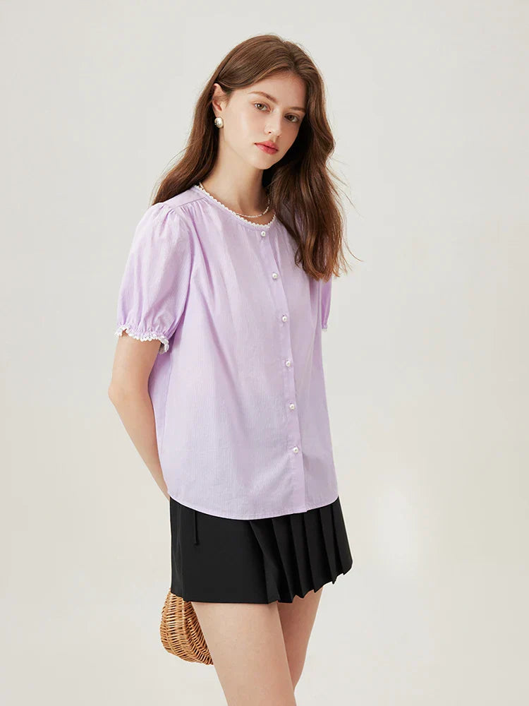 Amélie Violette women's lightweight cotton blouse, relaxed fit, ribbed neckline with pearl embellishments