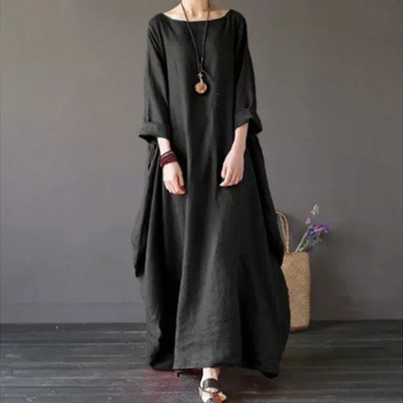 Women's maxi dress flowing relaxed fit boat neck long sleeves breathable cotton-linen blend spring autumn