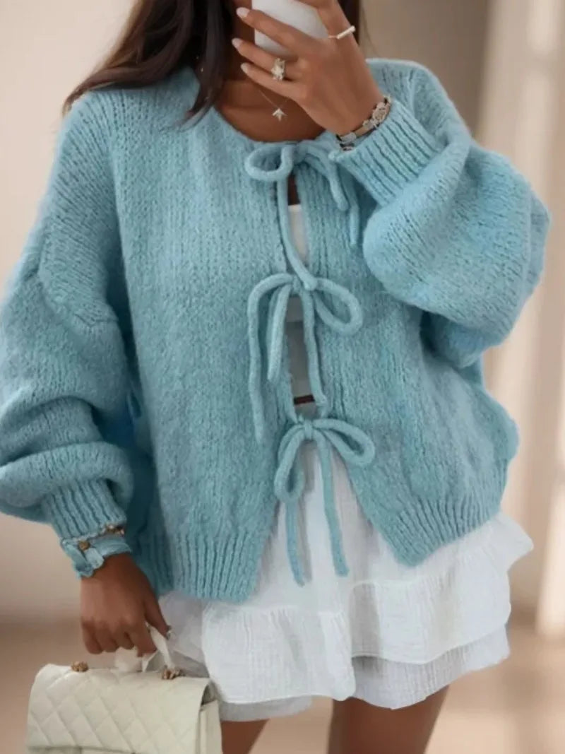 Women's cozy boho knit cardigan with bow tie closure, relaxed silhouette, soft warm fabric