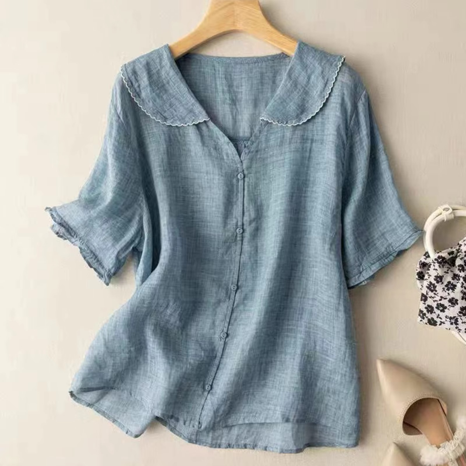 Women's relaxed cotton-linen long sleeve button-down top in breathable fabric for polished everyday style