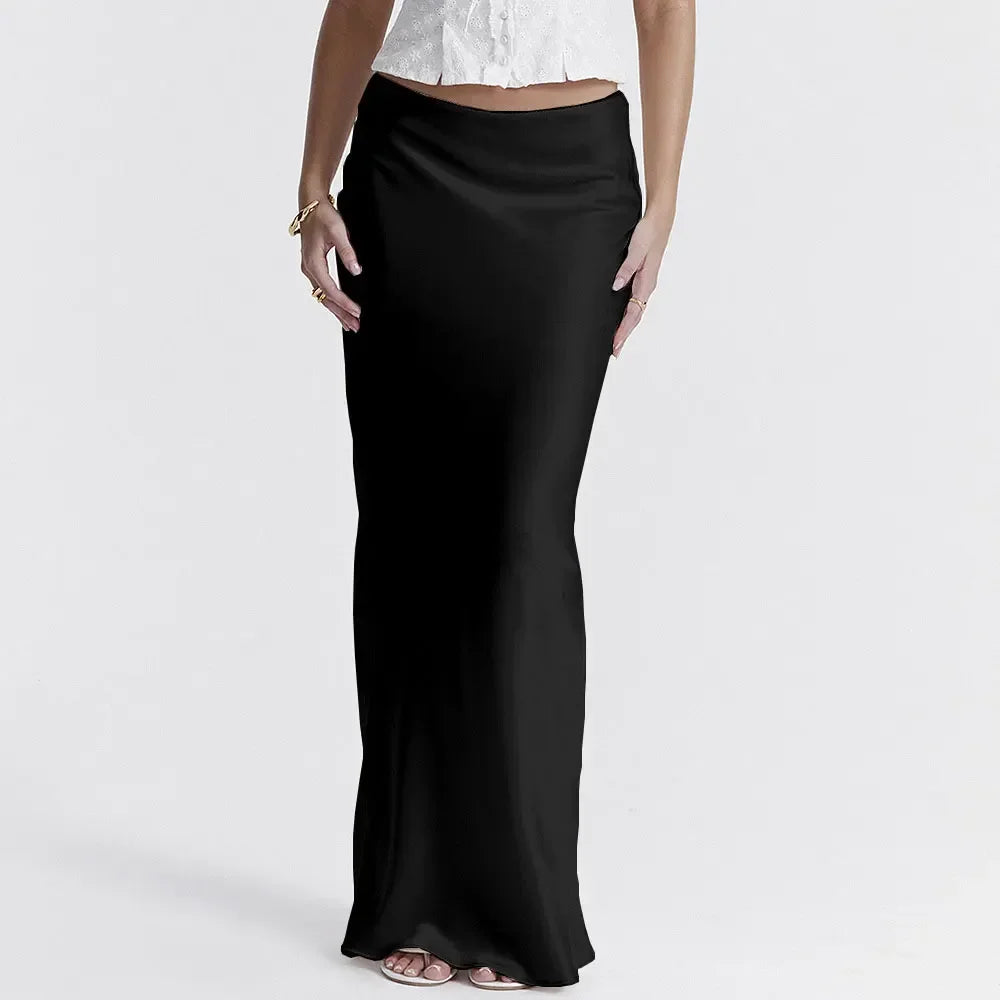 Women's long satin skirt elegant tailored waist luxurious smooth drape refined silhouette