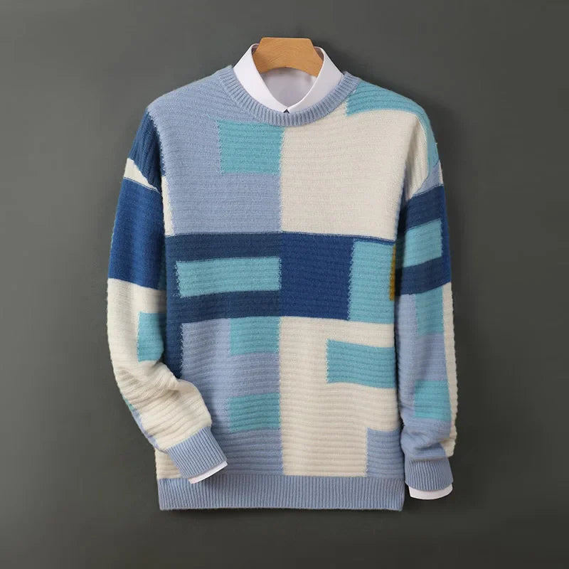 Women's geometric patchwork knit sweater, retro color-block design in multicolor modern minimalist style