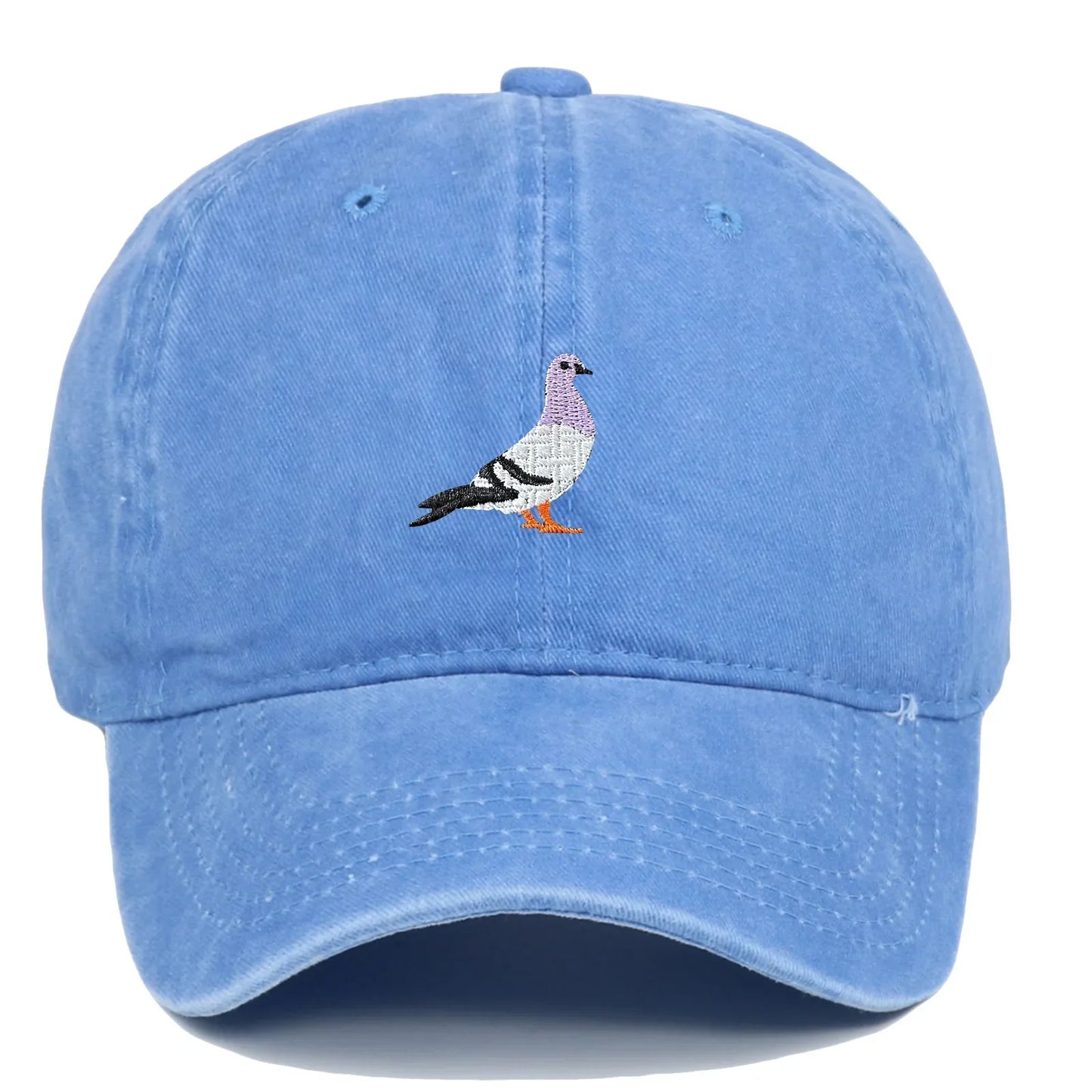 Washed cotton unisex cap in vintage tones with embroidered pigeon motif and adjustable fit