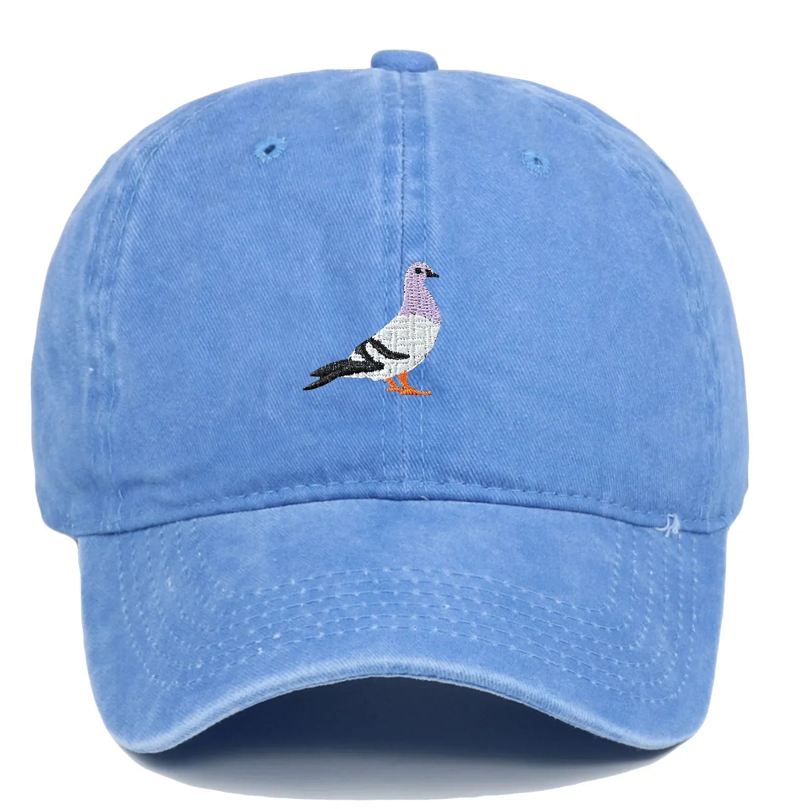 Washed cotton unisex cap in vintage tones with embroidered pigeon motif and adjustable fit