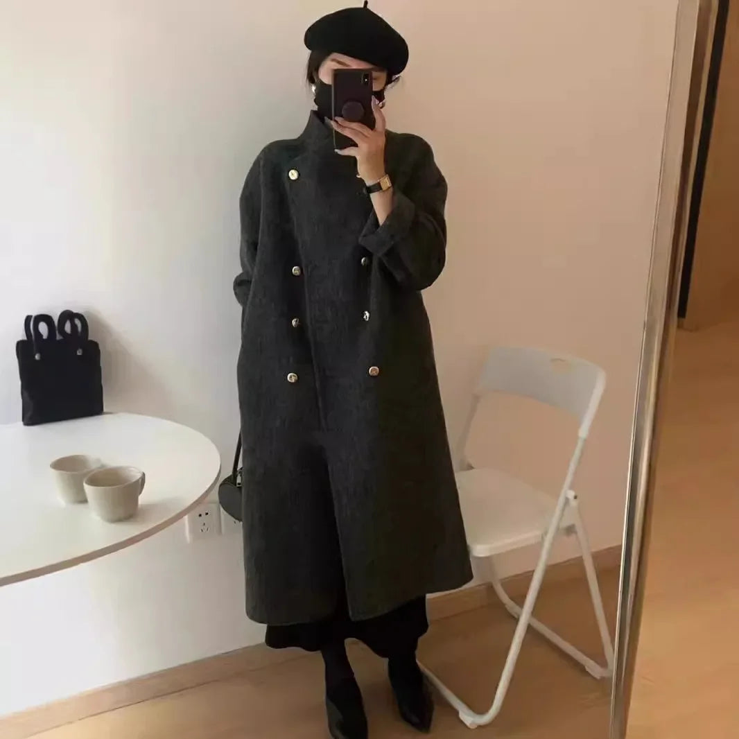 Women's wool blend mid-calf coat straight cut timeless elegant silhouette for casual to formal wear