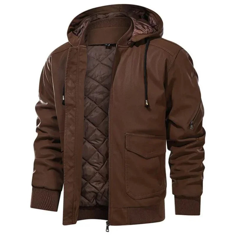 Men's black winter biker jacket quilted lining hood ribbed cuffs bold moto style