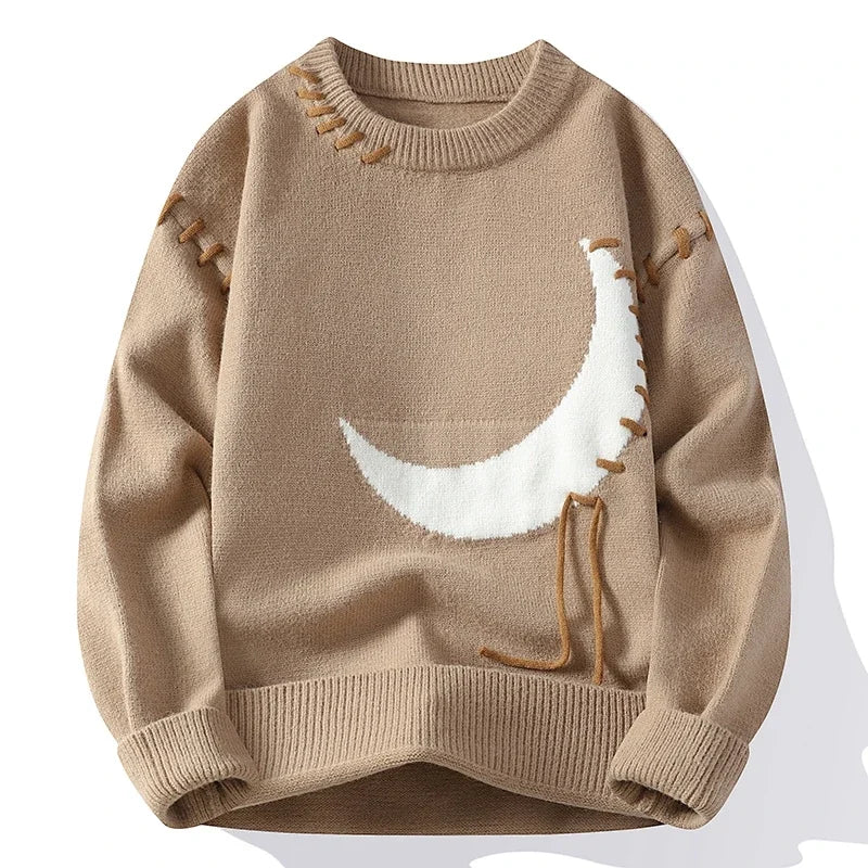 Women's cream knit crew neck sweater with crescent moon graphic and textured stitch detailing