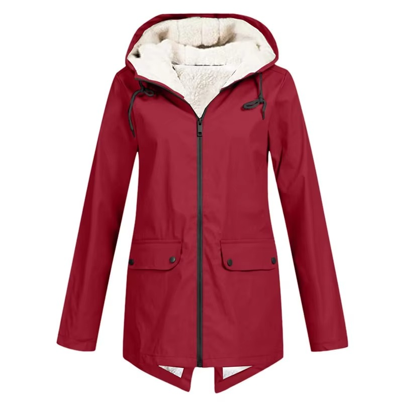 Women's waterproof hooded trench coat windbreaker with velvet lining, sleek all-weather style
