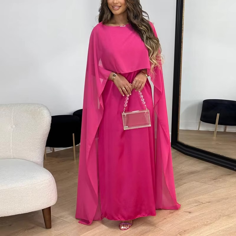 Elegant chiffon long evening gown with flowing shawl sleeves, breathable formal dress in timeless silhouette