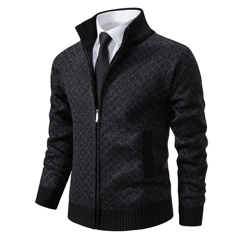 Men's navy blue tailored fit full-zip cardigan jacket with premium textured knit finish