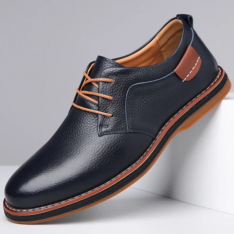 Men's brown split leather Derby dress shoes low arch EVA insole all-day comfort classic silhouette