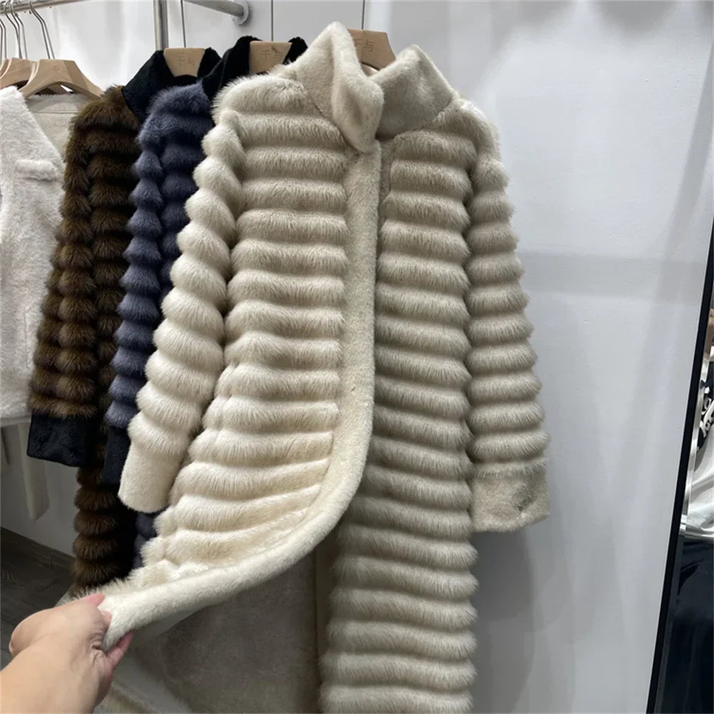Women's relaxed fit fur coat with stand collar and fur trim, elegant formal winter outerwear