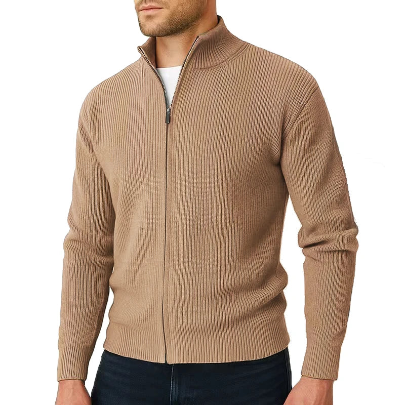 Unisex ribbed knit zip-up sweater with high collar for smart casual layering