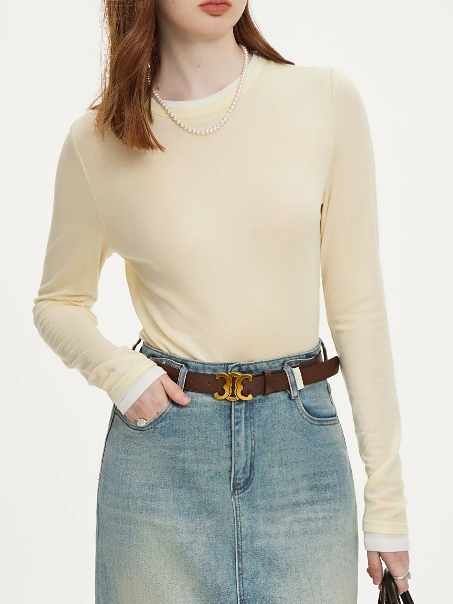 Celine white fitted layered long sleeve cotton top with breathable lightweight fabric