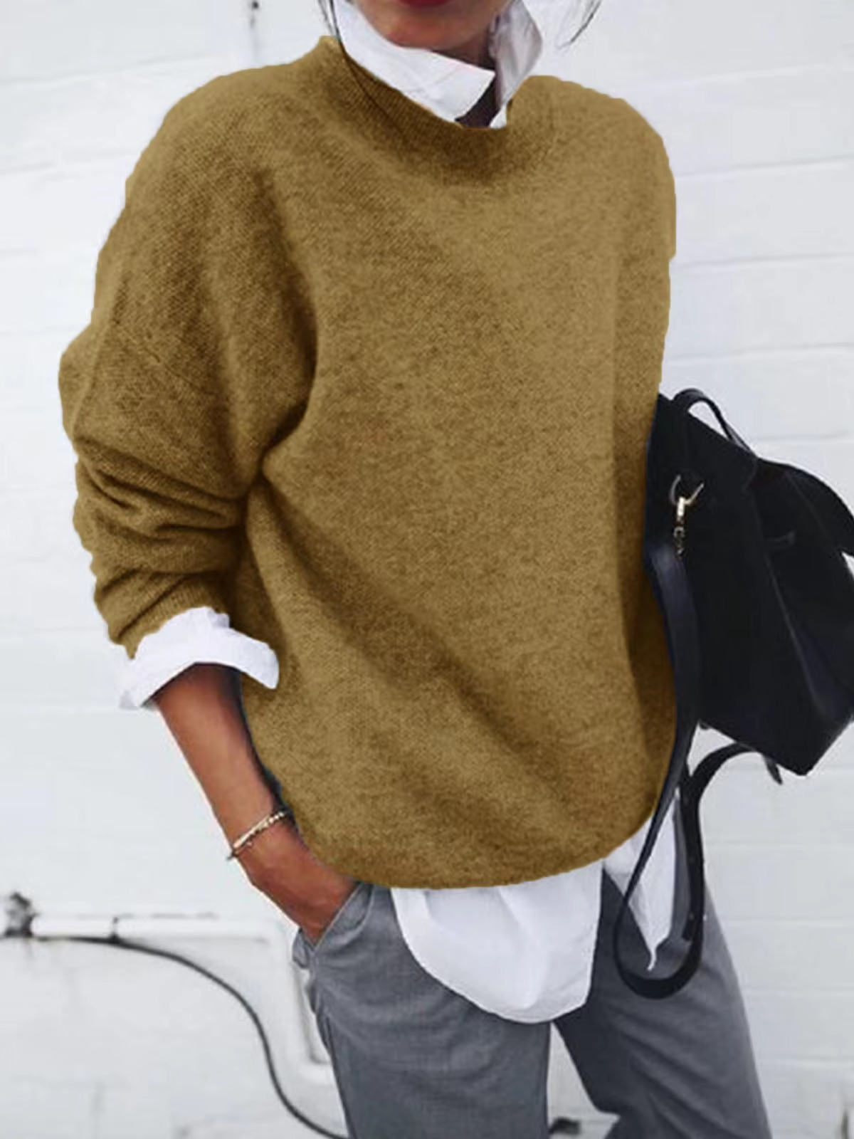 Women's knit pullover with shirt collar two-piece layered look, chic cozy style for everyday wear