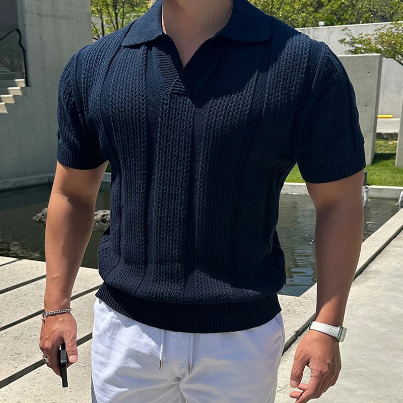 Men's slim fit mesh knit polo shirt vintage lapel lightweight breathable solid color casual top