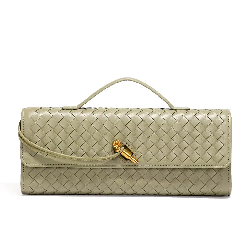 Women's woven clutch bag textured finish structured rectangular silhouette metallic twist lock top handle