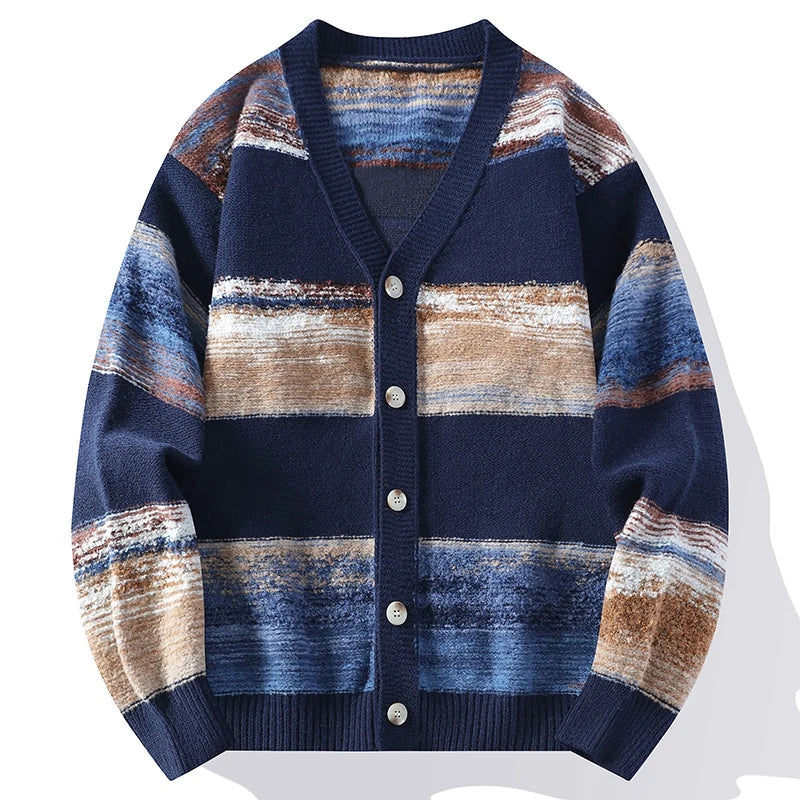 Men's color-blocked stripe V-neck cardigan in bold brushstroke pattern, Japanese retro microfiber knit