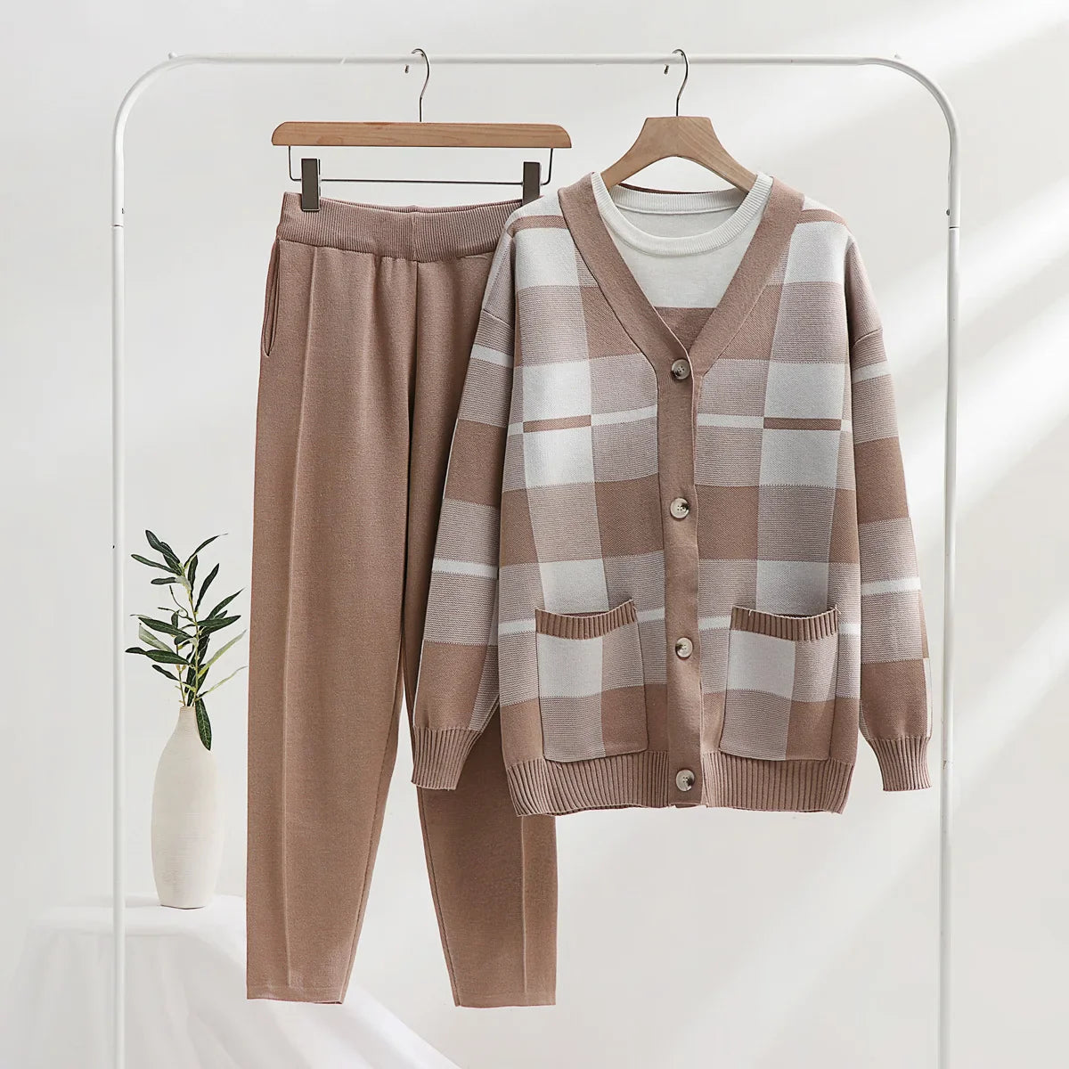 Women's plaid soft knit 3-piece lounge set cardigan tank top pants coordinated casual chic