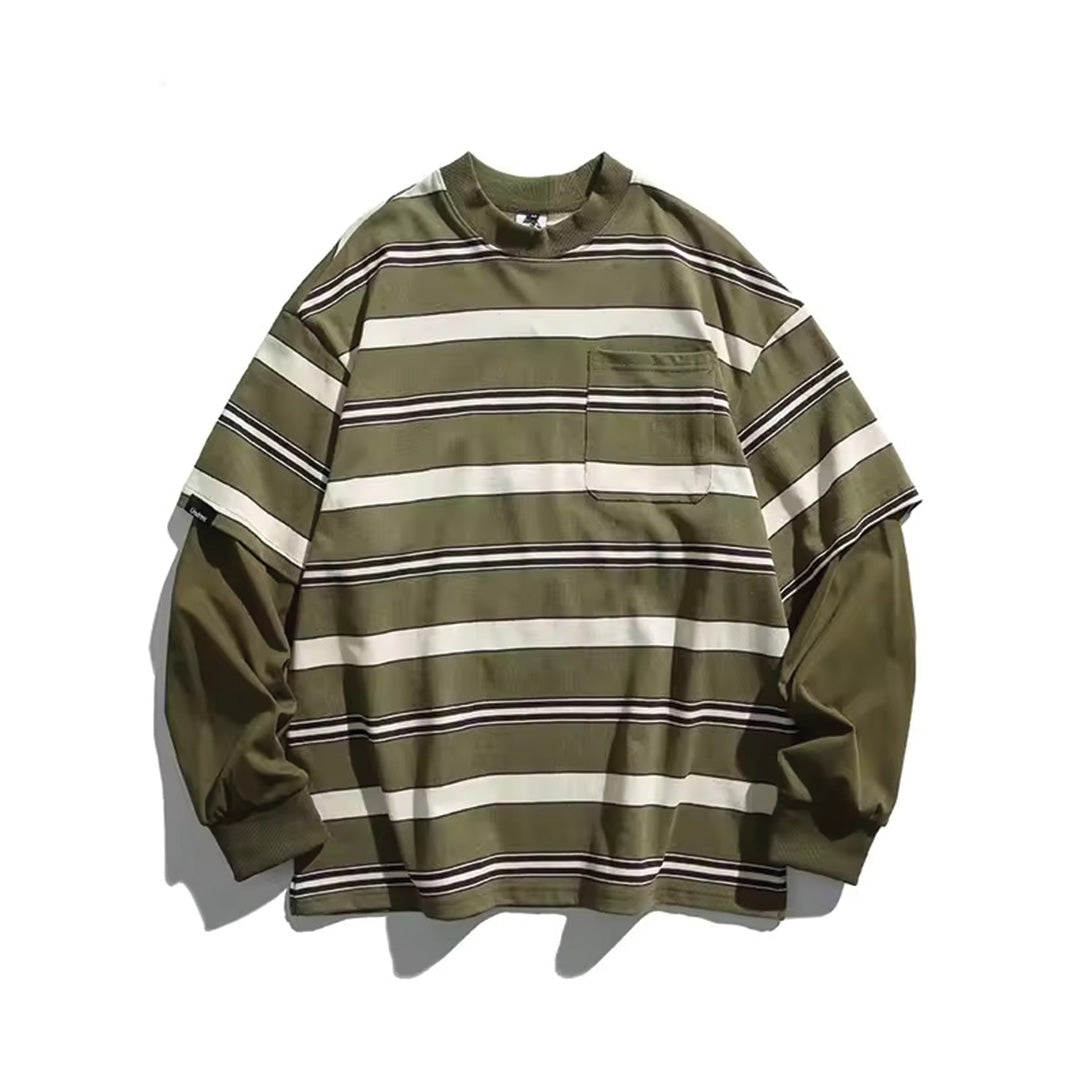 White striped cotton tee loose fit O-neck double-layer sleeves vintage streetwear style