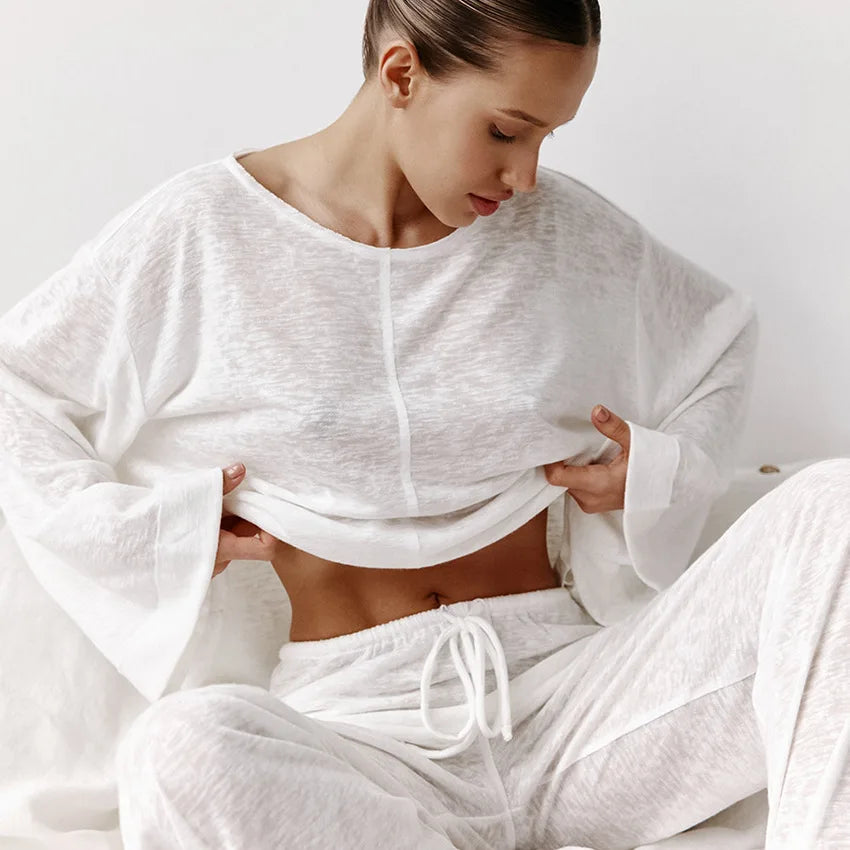 Mara women's lightweight loungewear set roundneck top and ankle pants breathable two-piece